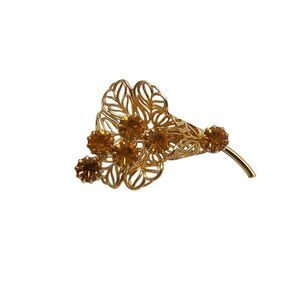 Vintage Gold Filigree Floral Brooch With Amber Rhinestones